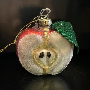 Sugared Glass Christmas Holiday Ornament Sliced Half Red Apple Fruit Sparkle